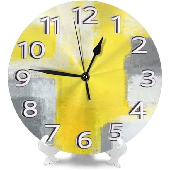 Grey and Yellow Abstract Art Painting White Wall Clock,Silent NonTicking Quality - Picture 2 of 4
